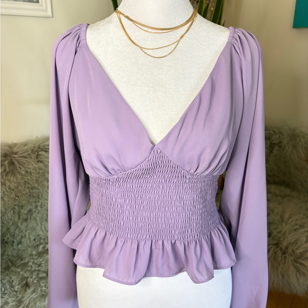 Wayf Lilac Smocked Peplum Blouse